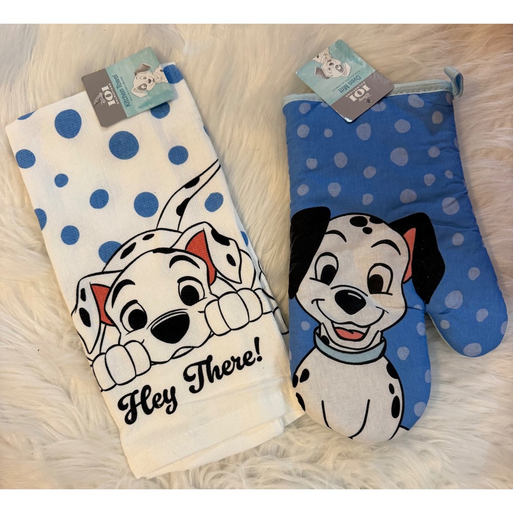 Disney 101 Dalmatians Kitchen Set New Towel and Oven Mitt Blue Polka Dot Puppy